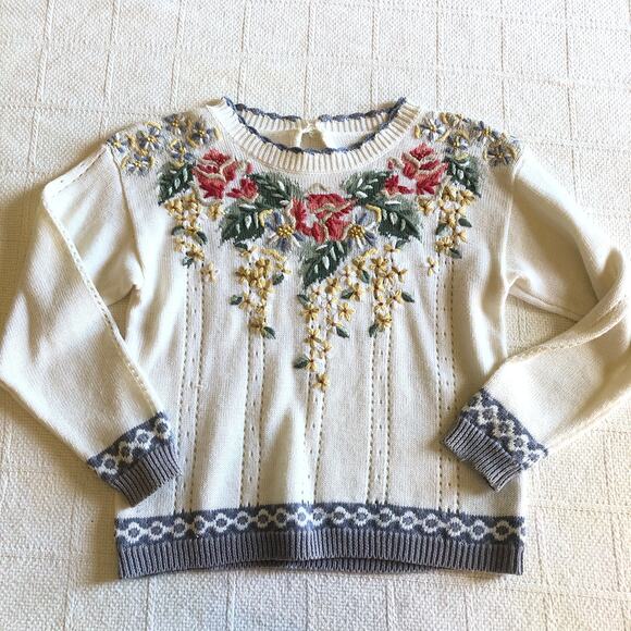 VTG 80s Floral Embroidered Knit Sweater XS Cream Cottagecore Romantic Coquette - Picture 2 of 10
